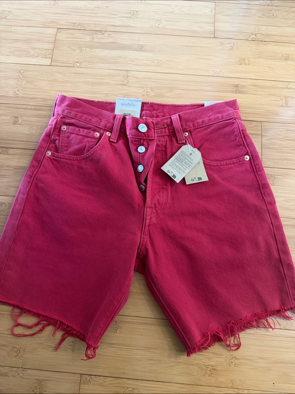High-Rise Red Denim Button-Fly Shorts